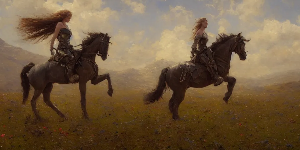 Image similar to full body girl armor and metal horse landscape of meadow by gaston bussiere, anna nikonova aka newmilky, greg rutkowski, yoji shinkawa, yoshitaka amano, tsutomu niehi, donato giancola, geoffroy thoorens, trending on artstation, featured on pixiv, cinematic composition, 8 k