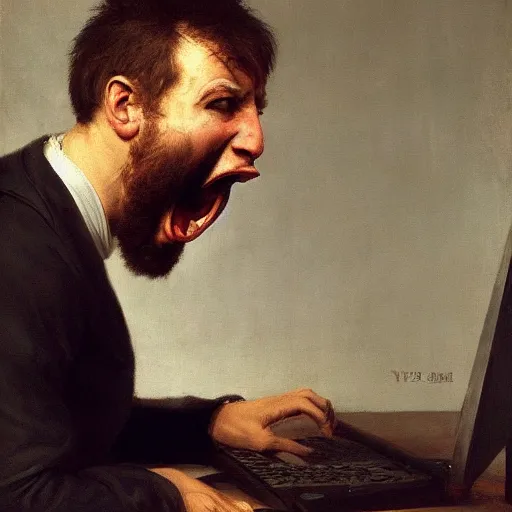 Image similar to an angry man yells at his computer monitor, oil on canvas, 1 8 8 3, highly detailed