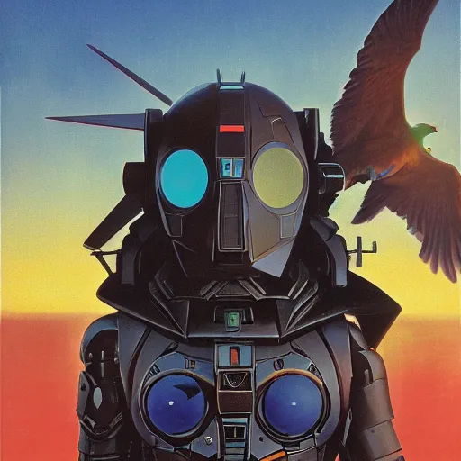 Prompt: pitch black gunpla droid kenku. neon goggle. anthropomorphic black bird beak. torso. raven beak helmet, science fiction, portrait by donato giancola and greg rutkowski and wayne barlow. oil on canvas. 1 9 7 8 cover. top all time r / imaginarycyberpunk.