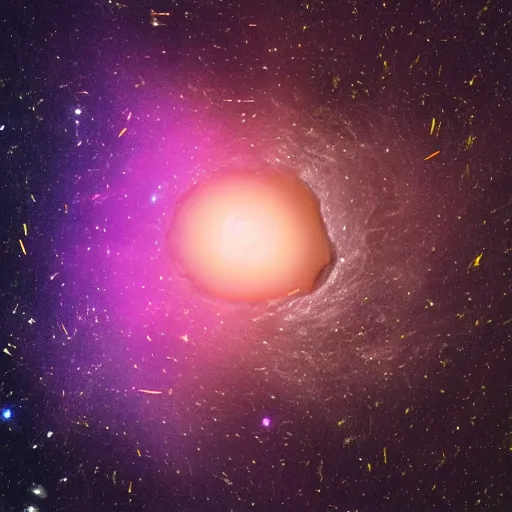 Prompt: A cosmic web surrounded by dark matter and orbiting pulsars behind a black hole behind the backdrop of a nebula