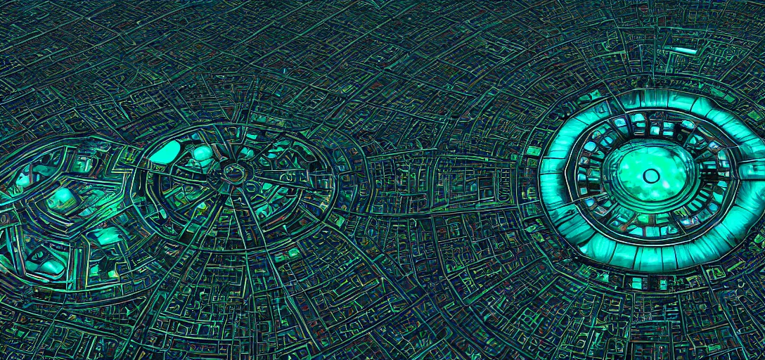 Prompt: isometric view of giant steel tricolored mandala disk cities floating above a hard-lit moonscape, emerald cities streets with bioluminescence small lanterns, wide angle ektachrome photo of a 3d rendering, f8 aperture