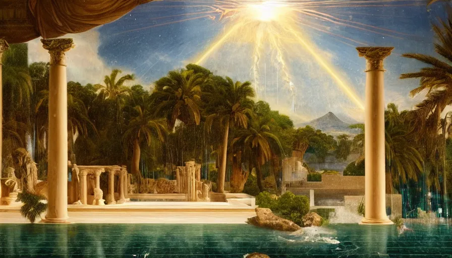 Prompt: from inside the giant palace, mediterranean balustrade and columns, refracted line and sparkles, thunderstorm, greek pool, beach and tropical vegetation on the background major arcana sky and occult symbols, by paul delaroche, hyperrealistic 4 k uhd, award - winning, very detailed paradise