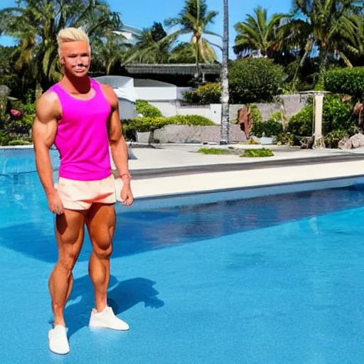 Prompt: a handsome male fitness model with blonde hair, ken, who is a male android, muscular, wearing a cut - off pink top and short light orange shorts, stands by a swimming pool, facing forward