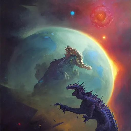 Prompt: blue scaled dragon devouring a planet, space, sun system, nebula, oil painting, by Fernanda Suarez and Edgar Maxence and Greg Rutkowski