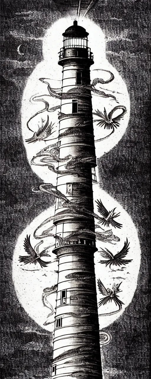 Image similar to an epic lighthouse radiates a unique canto'as above so below'while being ignited by the spirit of haeckel and robert fludd, breakthrough is iminent, glory be to the magic within, in honor of saturn, painted by ronny khalil