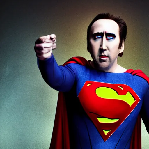 Image similar to nic cage as vampire superman, digital photography, high detail