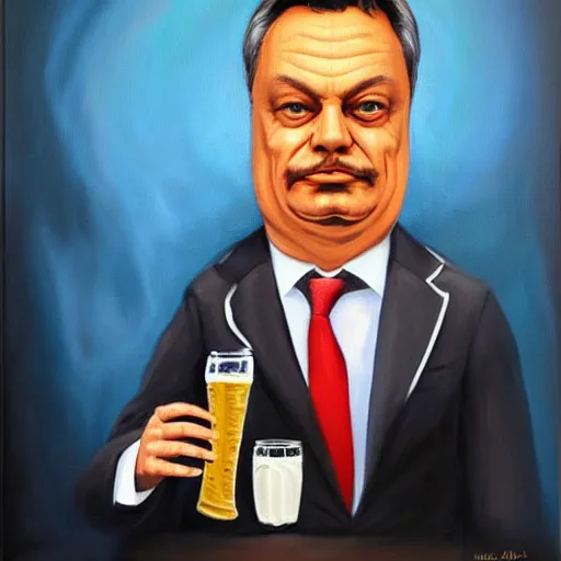 Prompt: viktor orban drinking beer, anatomically correct, oil painting, highly detailed