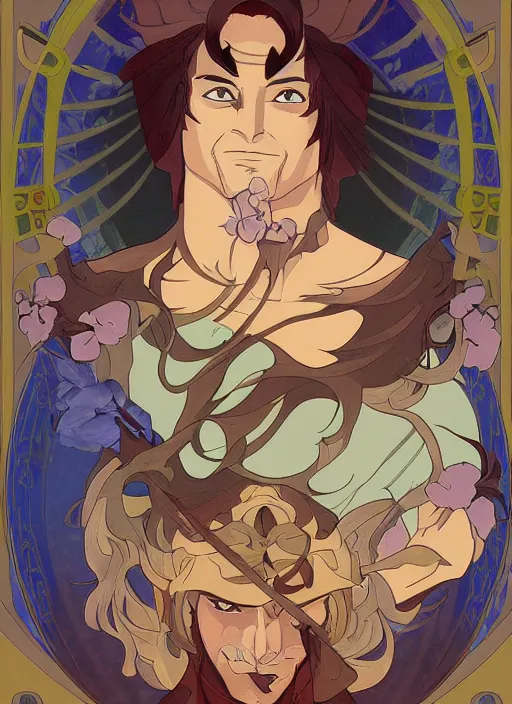 Image similar to official digital painting artwork of a male warrior character by don bluth, ross tran and studio ghibli + alphonse mucha.