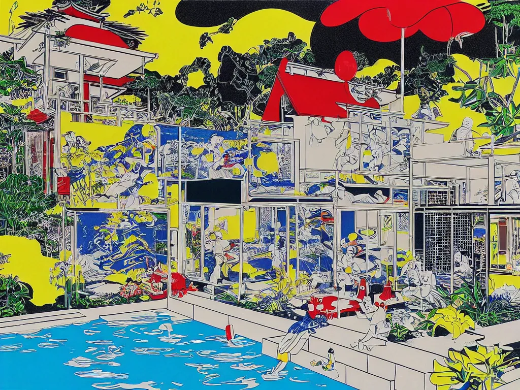 Image similar to hyperrealism composition of the japanese house with a hot springs in the garden, detailed stormtrooper in hot springs, pop - art style, jacky tsai style, andy warhol style, roy lichtenstein style, acrylic on canvas