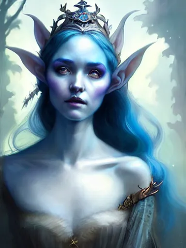 Image similar to the elven queen with blue skin by james jean, charlie bowater, tom bagshaw, nikolay makovsky : : enchanting, ethereal, magical, portrait, character design, illustration, hyperrealism, photorealism, digital art, concept art, fantasy, whimsy, weta, wlop, artstation