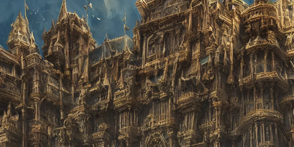 Image similar to multi layered huge architectures, imposing and highly ornamented fantasy castle, digital painting, highly detailed, ancient architecture, concept art, illustration,smooth,sharp focus, intricate, super wide angle, trending on artstation, trending on deviantart, 4K