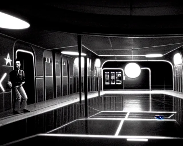 Image similar to interior shot of a space port at night, retro punk, cinematography by Jim Jarmusch, composition by Hale Woodruff,in the style of robert doisneau, set design by Ed Wood