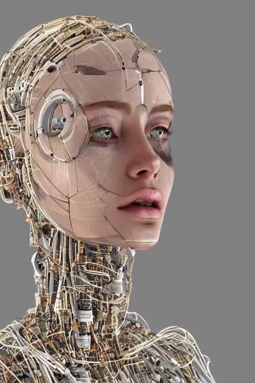 Image similar to robot with human face, female head, full body angle, woman human face, human face realistic, beautiful blonde hair, human head, human head with blonde hair, blonde hair human head, blonde hair, human realistic face, human head skin, cyborg frame concept, cyborg by ales-kotnik, sci-fi android female, the body is made of wires, robotic body, cyborg body, cyborg bust body, robot body cyborg, full body