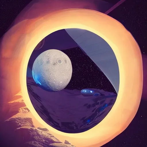 Image similar to detailed masterpiece of a holo around the moon, cartoon face on it, old photo, detailed, sci - fi, technology, digital art, art station, beeple