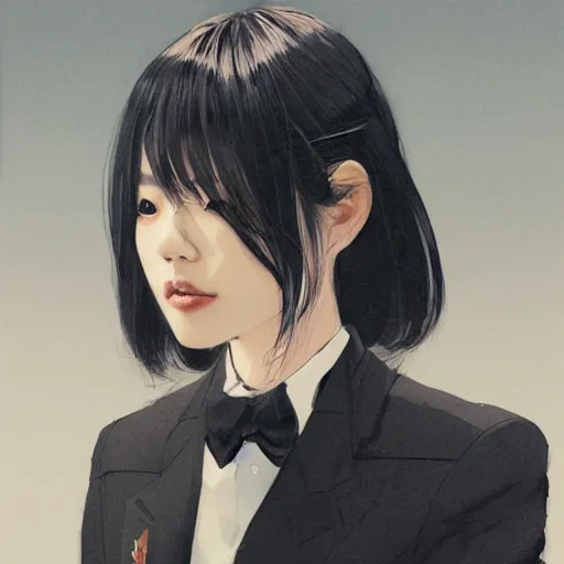 Image similar to portrait of a beautiful korean girl wearing a men's tuxedo, with bangs, very long hair and bangs, angular features, angry expression, dramatic lighting, illustration by Greg rutkowski, yoji shinkawa, 4k, digital art, concept art, trending on artstation