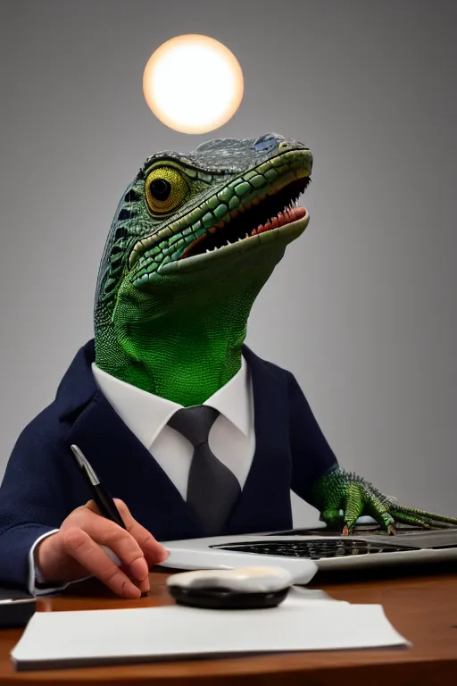 Prompt: anthropomorphic lizard that looks like a human, wearing a shirt, business attire, sitting at a desk with a laptop, realistic, colored studio lighting, professional photography, nikon 5 0 mm f / 1. 8 g, canon