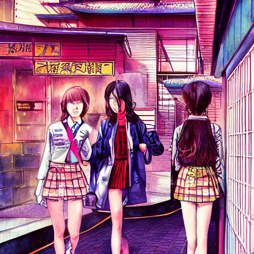 Prompt: a perfect, realistic professional digital sketch of a Japanese schoolgirls posing in a synthwave alleyway, style of Marvel, full length, by pen and watercolor, by a professional American senior artist on ArtStation, a high-quality hollywood-style sketch, on high-quality paper