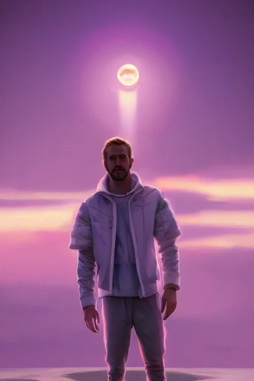 Image similar to ryan gosling robotic clothes in the beach purple sun, pink lighting ultra realistic photorealistic highly detailed high quality, a stunningly, digital painting, artstation, concept art, smooth, sharp focus, illustration, art by artgerm and greg rutkowski and alphonse mucha 8 k