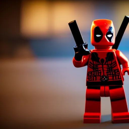 Prompt: deadpool as lego character, bokeh, photo, hyperrealistic, detailed textures and soft studio lighting, striking a cinematic pose, lego background, duplo, lego movie, octane render, 8 k soft shadows, sharp focus, extreme detail, hyper realistic, award winning photo