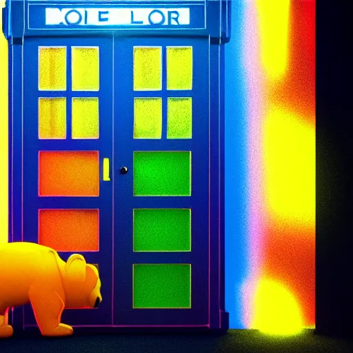 Image similar to neon palette, Pudsey Bear stepping out of the tardis, ridley scott universe, mysterious, ultrarealistic, cinematic lighting, 4k, wide angle, trending on artstation