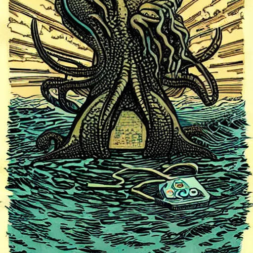Image similar to cthulhu monster rising from the ocean with a synthesizer under its arm