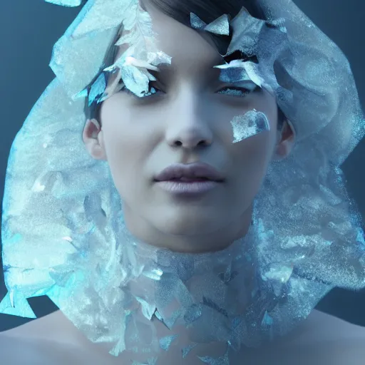 Prompt: a highly detailed digital image of a futuristic woman elegantly wrapped with silver leaves and blue ice cubes, by Andrea Chiampo, artstation and Frederik Heyman, extremely detailed woman, stunning volumetric lighting, hyper realism, fantasy 4k