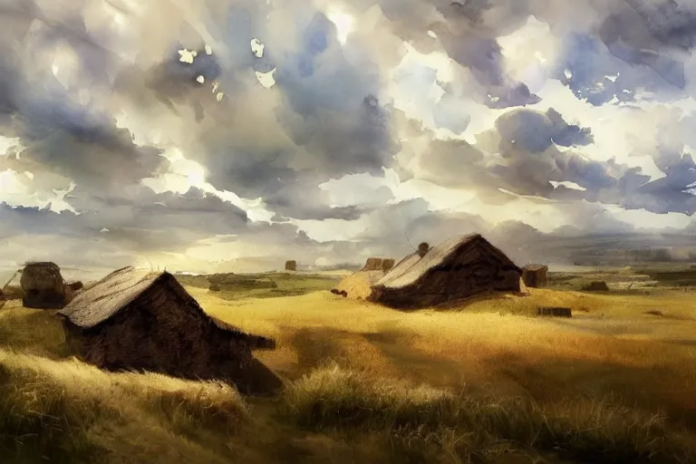 Image similar to paint brush strokes, abstract watercolor painting of rustic village at midday, straw roof, hay, viking town, ambient lighting, art by hans dahl, by jesper ejsing, art by anders zorn, wonderful masterpiece by greg rutkowski, cinematic light, american romanticism by greg manchess, creation by tyler edlin