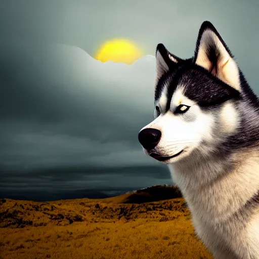 Prompt: a husky has yellow fur and a yellow tongue. the whole husky is visible in frame. intricate eyes. polar background, ominous sky, fireball in the clouds. octane render, extreme detail, super symmetrical photograph, 8 k