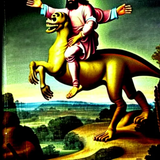 Prompt: Jesus riding a t-rex, renaissance painting, in the style of rococo, extremely detailed