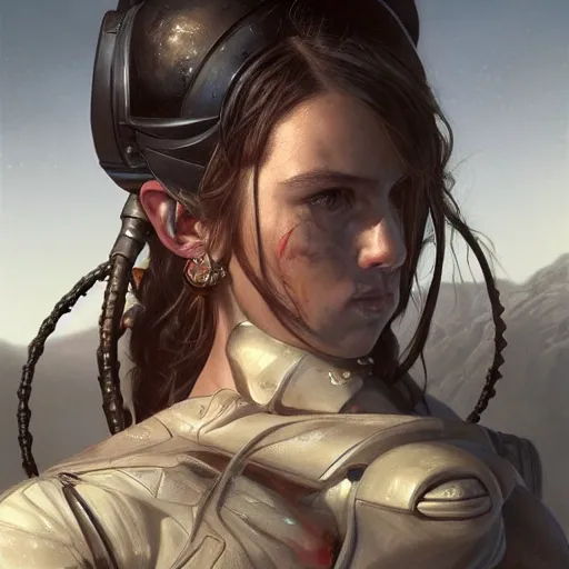 Image similar to portrait painting of a dimly lit futuristic rugged male and female rebel, alien world, colonisation, model pose, ultra realistic, concept art, intricate details, eerie, highly detailed, photorealistic, octane render, 8 k, unreal engine. art by artgerm and greg rutkowski and alphonse mucha