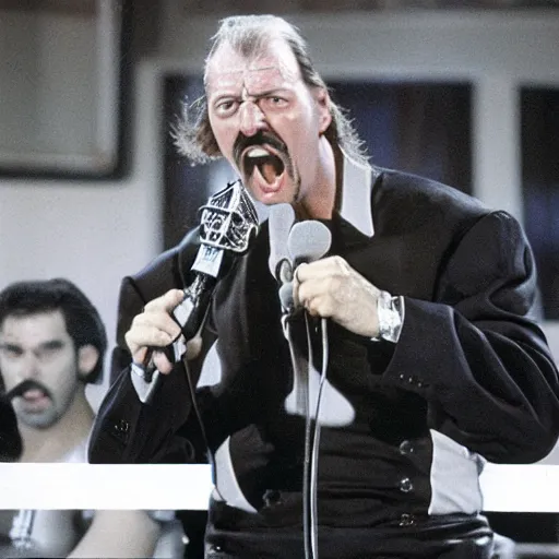 Image similar to dangerous wwf superstar big jim collins, yelling into a microphone at the camera. nearby, gene okerlund looks scared.