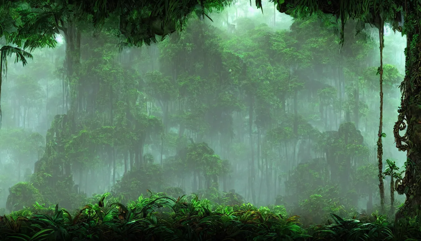 Prompt: deep mayan jungle forest realm biodiversity , side-scrolling 2d platformer game level, swirling clouds of magical mist through the trees, ancient forbidden temple ruins in tre background between the tree trunks, dramatic dusk sun illuminates areas , volumetric light , detailed entangled roots carpet the forest floor, rich color , upscale , 8k