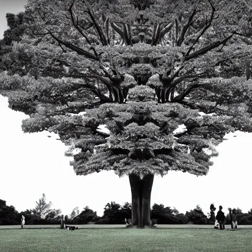 Image similar to a group of people in a park staring up at a gigantic tree, professional monochromatic artwork