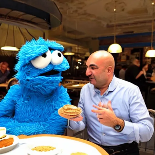 Image similar to lebanese Kevin O'leary talking with cookie monster, in a café