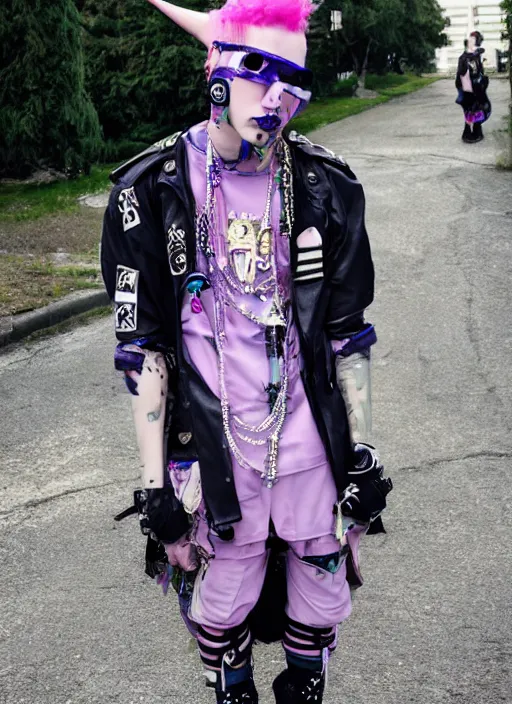 Image similar to pastel cute cybergoth military fashion, decora royal jester bladee