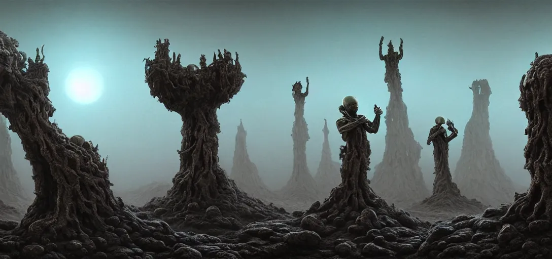 Prompt: alien landscape with eerie statues, painted by beksinski, 4 k, intricate details, unreal engine, dynamic lighting