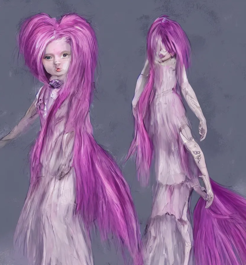 Image similar to little girl with eccentric pink hair wearing a dress made of purple fur, anatomically perfect, concept art,