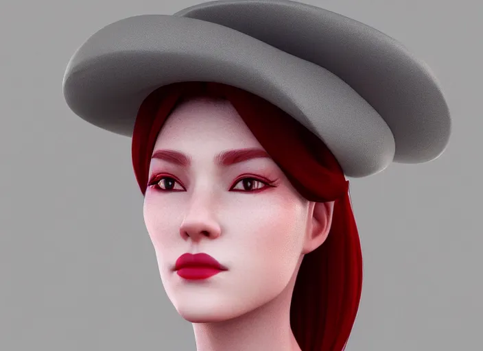 Image similar to stunning render portrait of a beautiful oriental woman with red hair wearing a hat, her eyes are green. 4 k, daz, octane, zbrush, maya, 8 k, artstation.