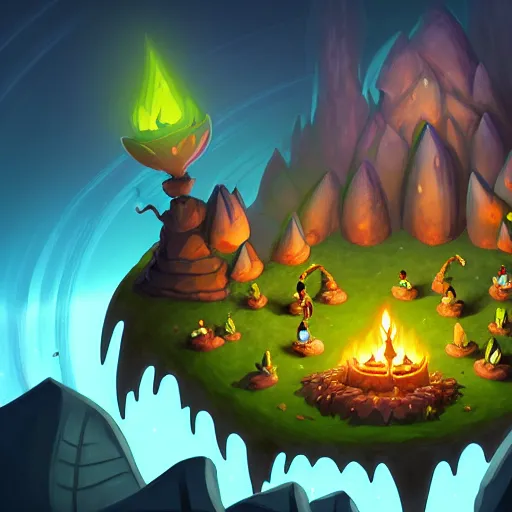 Image similar to a beautiful artwork from dofus, ultra-detailed cave with super powers and magical spells, fireballs, shrek, dragons, demons, devil causes evil and the heaven on top, finely detailed, small details, extra detail, trending on artstation, high resolution, 3D