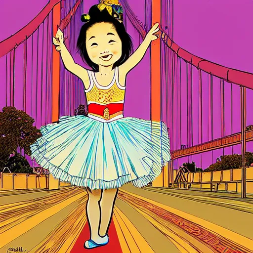 Image similar to a chinese caucasian mixed race hapa five - year - old girl, dressed as a ballerina, balancing on the golden gate bridge, smiling into the camera, portrait, wide shot, sunset illustration, pop art, splash painting, art by geof darrow, ashley wood, alphonse mucha