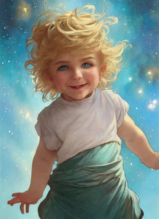 Image similar to a cute little boy with a mischievous face, blue eyes, and tousled blonde hair smiles as he floats in space with stars all around him. he is wearing a turquoise outfit. beautiful painting by artgerm and greg rutkowski and alphonse mucha