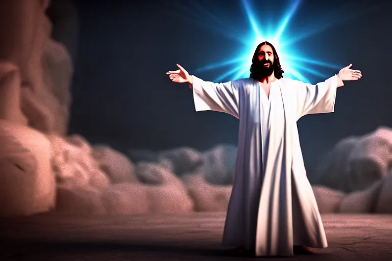 Image similar to jesus christ wearing a white robe strikes a dance pose in the apocalypse, intricate, hyper detailed, accent lighting, dramatic light, 4 k octane render