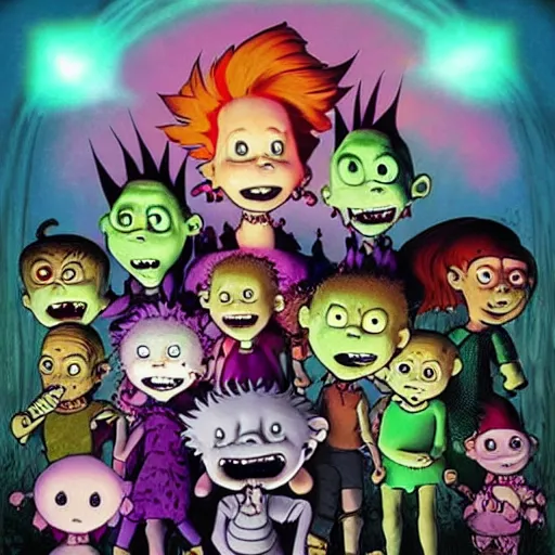 Image similar to “ the rugrats as monsters, gothic horror style, lens flare, award winning, hd 4 k ”