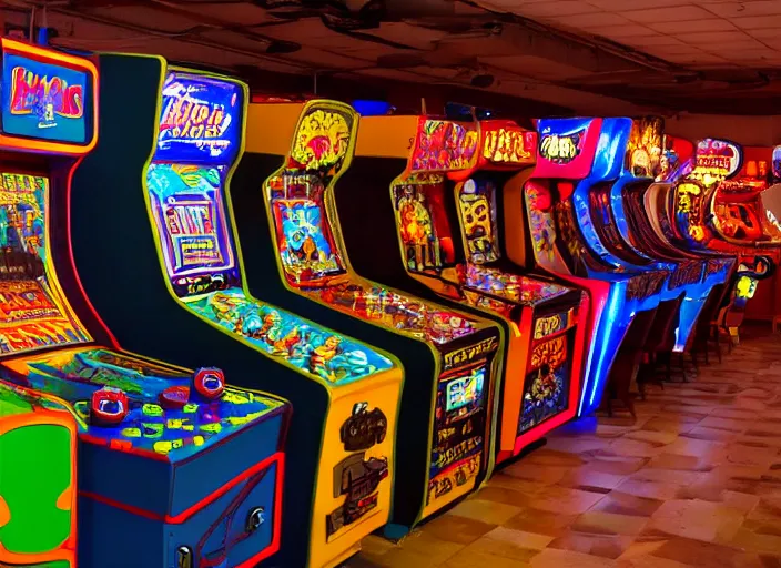 Image similar to interior shot of a large 8 0's arcade, 8 k, highly detailed, dimly lit