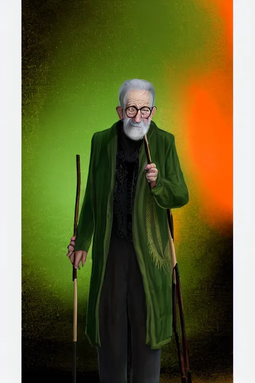 Image similar to portrait of an old man wearing layered black clothes with an elaborate walking stick that emits a soft green glow from an emerald at the top in an orange environment, Atmosphere. Realistic. Concept art. V-ray. Ultra HD. 8K. Sharp details. 50mm. f/3.5.