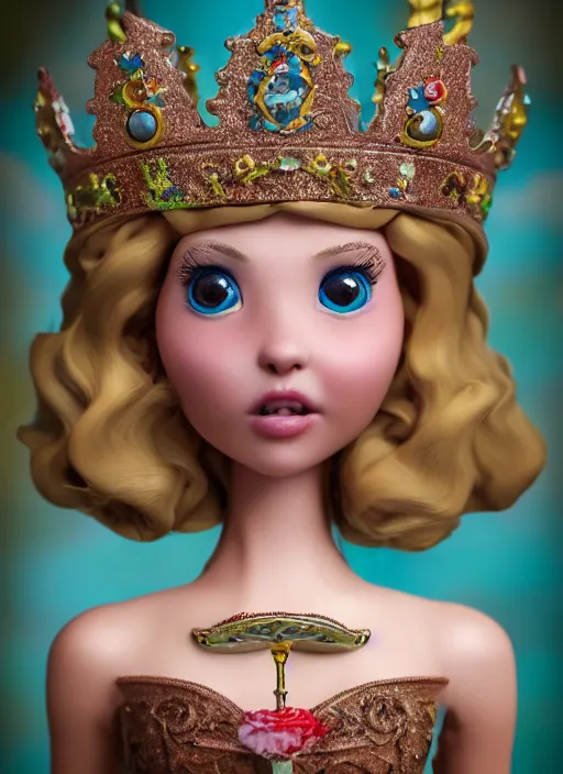 Image similar to closeup face profile portrait of a tin toy fairytale princess wearing a crown eating cakes in the castle, bikini, depth of field, zeiss lens, detailed, symmetrical, centered, fashion photoshoot, by nicoletta ceccoli, mark ryden, lostfish, breathtaking, 8 k resolution, extremely detailed, beautiful, establishing shot, artistic, hyperrealistic, octane render