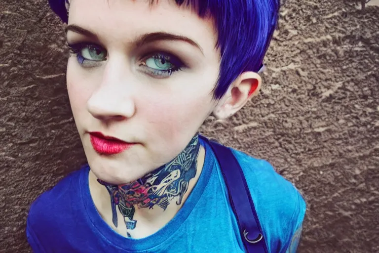 Image similar to photo of young cute punk woman with blue pixie cut posing, hyper detailed