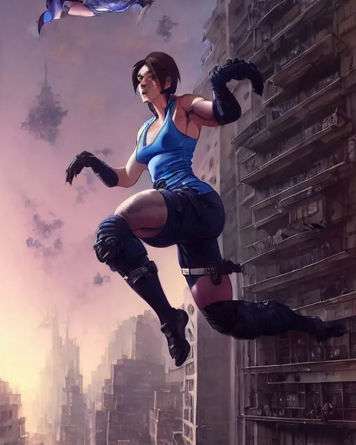 Prompt: gigachad jill valentine bodybuilder jumping from a building fighting in racoon city, fantasy character portrait, ultra realistic, anime key visual, full body concept art, intricate details, highly detailed by greg rutkowski, ilya kuvshinov, gaston bussiere, craig mullins, simon bisley