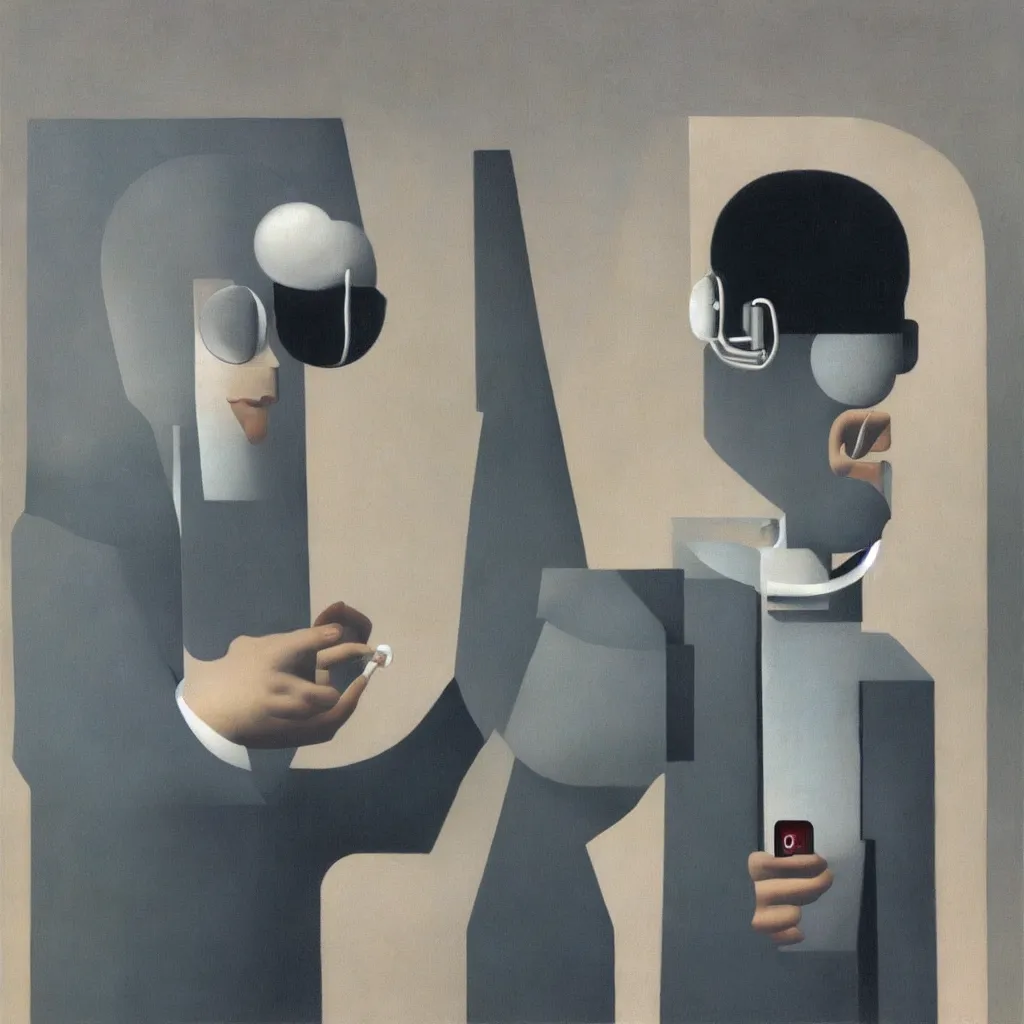 Image similar to i, a man wearing headphone and playing his iphone, by rene magritte