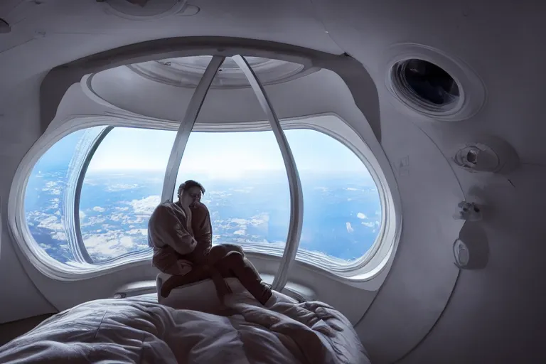 Image similar to sci-fi scene of space tourists in glamourous spaceship bedroom looking out large circular window at earth orbit By Emmanuel Lubezki